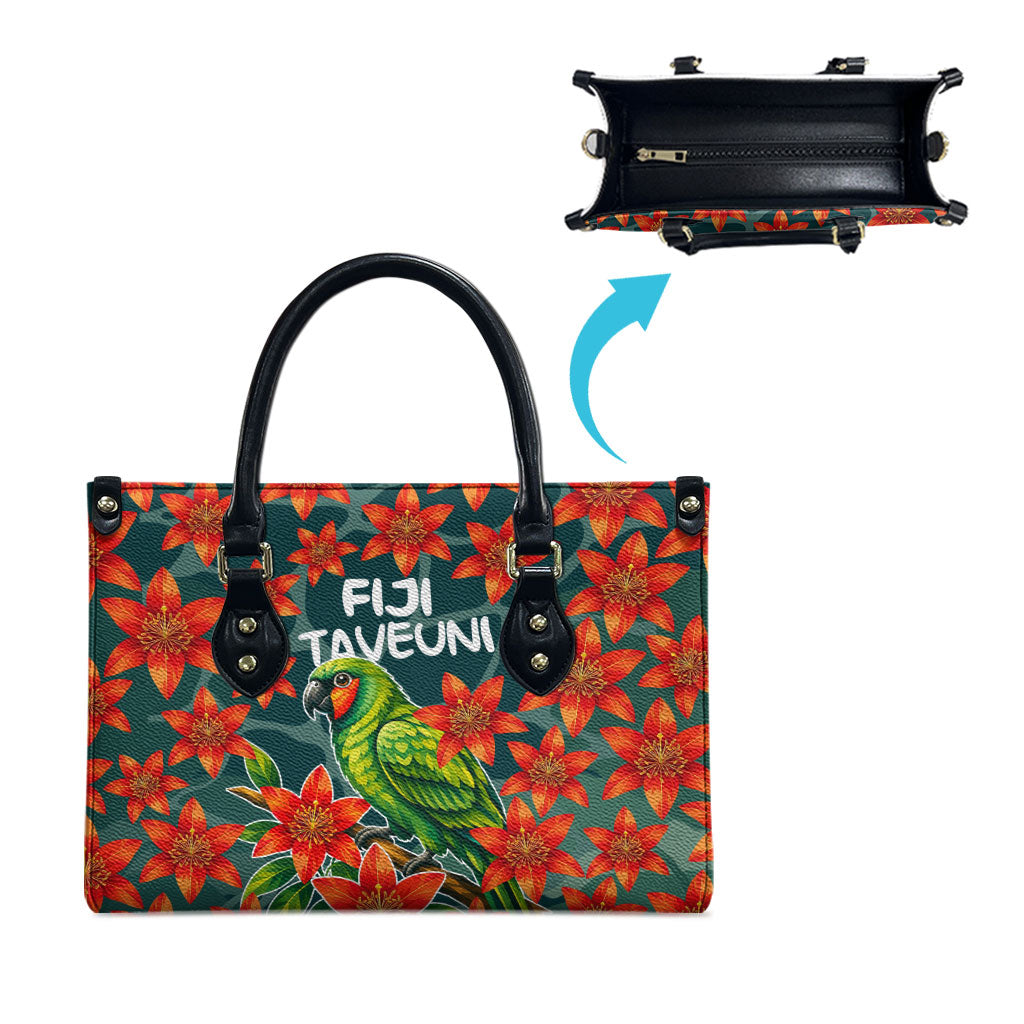 Fiji Taveuni Parrot Leather Bag Tropical Waterfall Landscape With Floral Tribal Pattern TS04 - Polynesian Pride