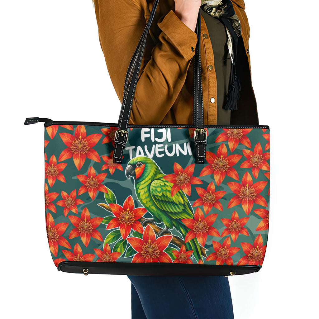 Fiji Taveuni Parrot Leather Tote Bag Tropical Waterfall Landscape With Floral Tribal Pattern