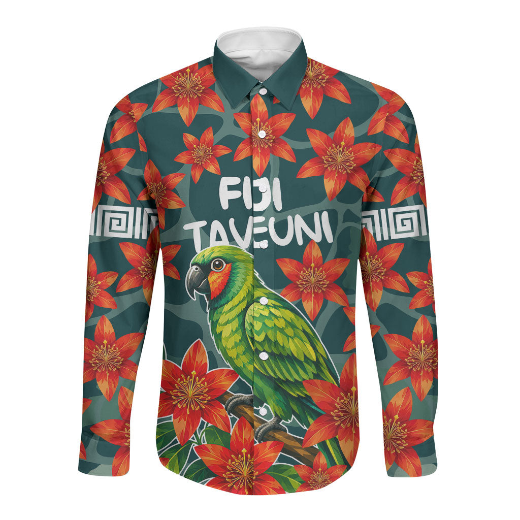 Fiji Taveuni Parrot Long Sleeve Button Shirt Tropical Waterfall Landscape With Floral Tribal Pattern