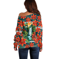 Fiji Taveuni Parrot Off Shoulder Sweater Tropical Waterfall Landscape With Floral Tribal Pattern TS04 - Polynesian Pride