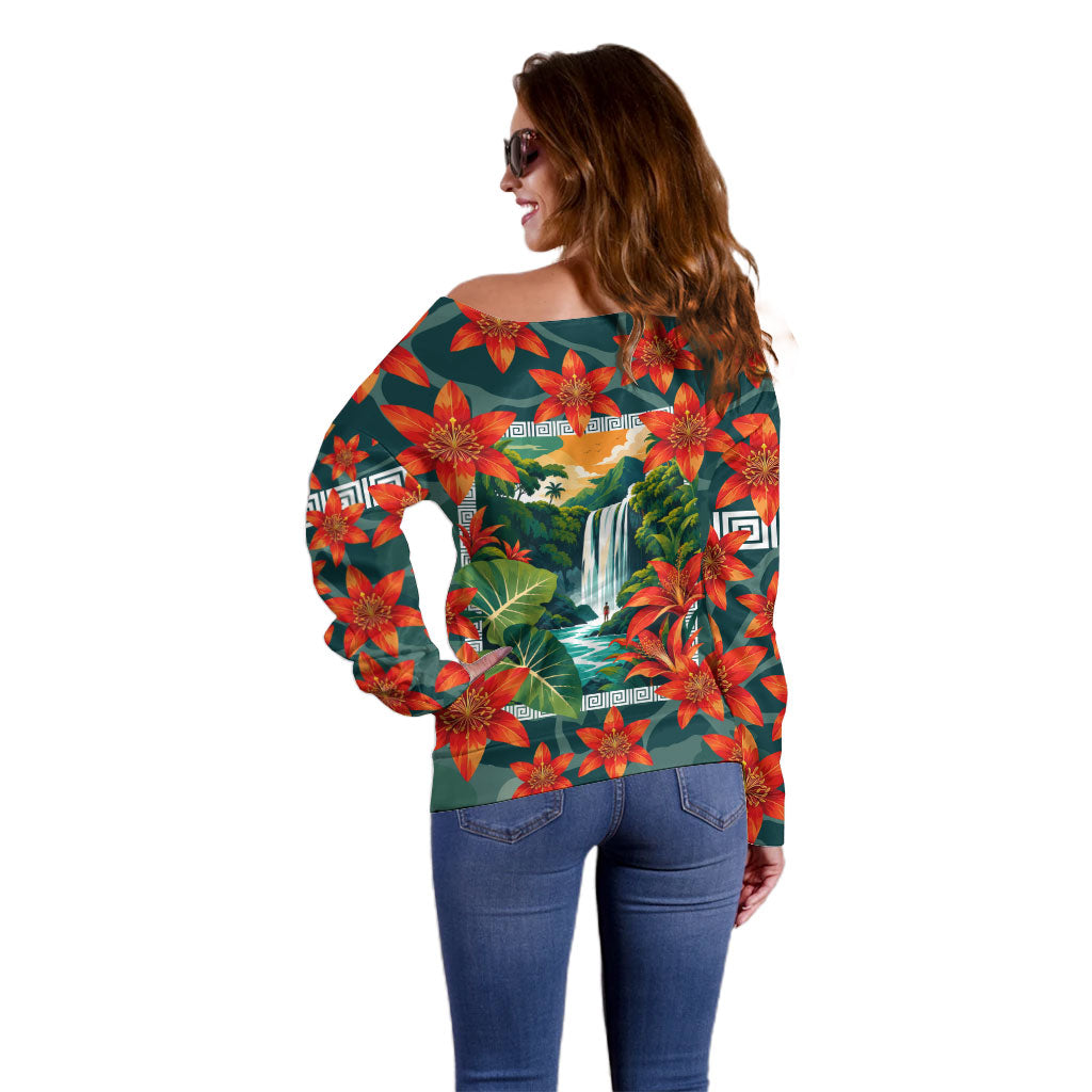 Fiji Taveuni Parrot Off Shoulder Sweater Tropical Waterfall Landscape With Floral Tribal Pattern TS04 - Polynesian Pride