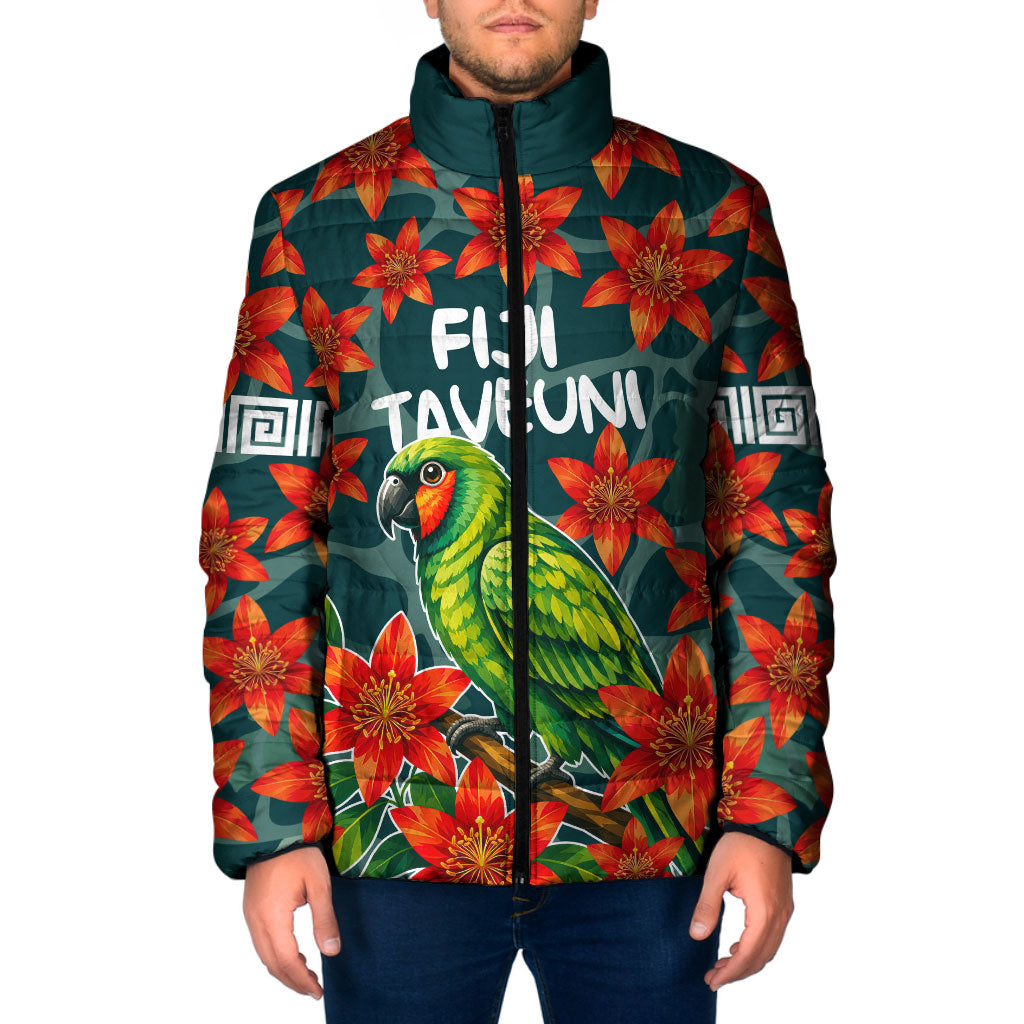 Fiji Taveuni Parrot Padded Jacket Tropical Waterfall Landscape With Floral Tribal Pattern