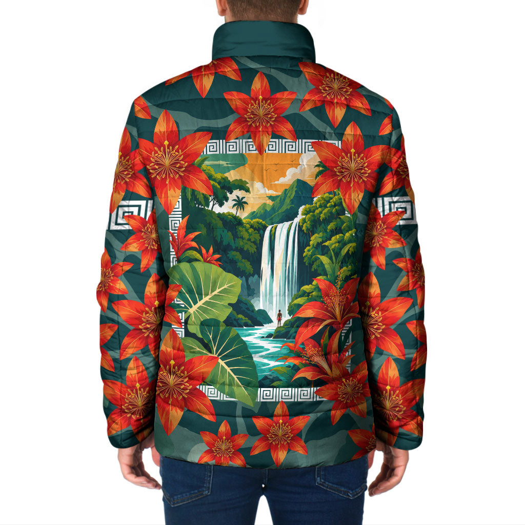 Fiji Taveuni Parrot Padded Jacket Tropical Waterfall Landscape With Floral Tribal Pattern