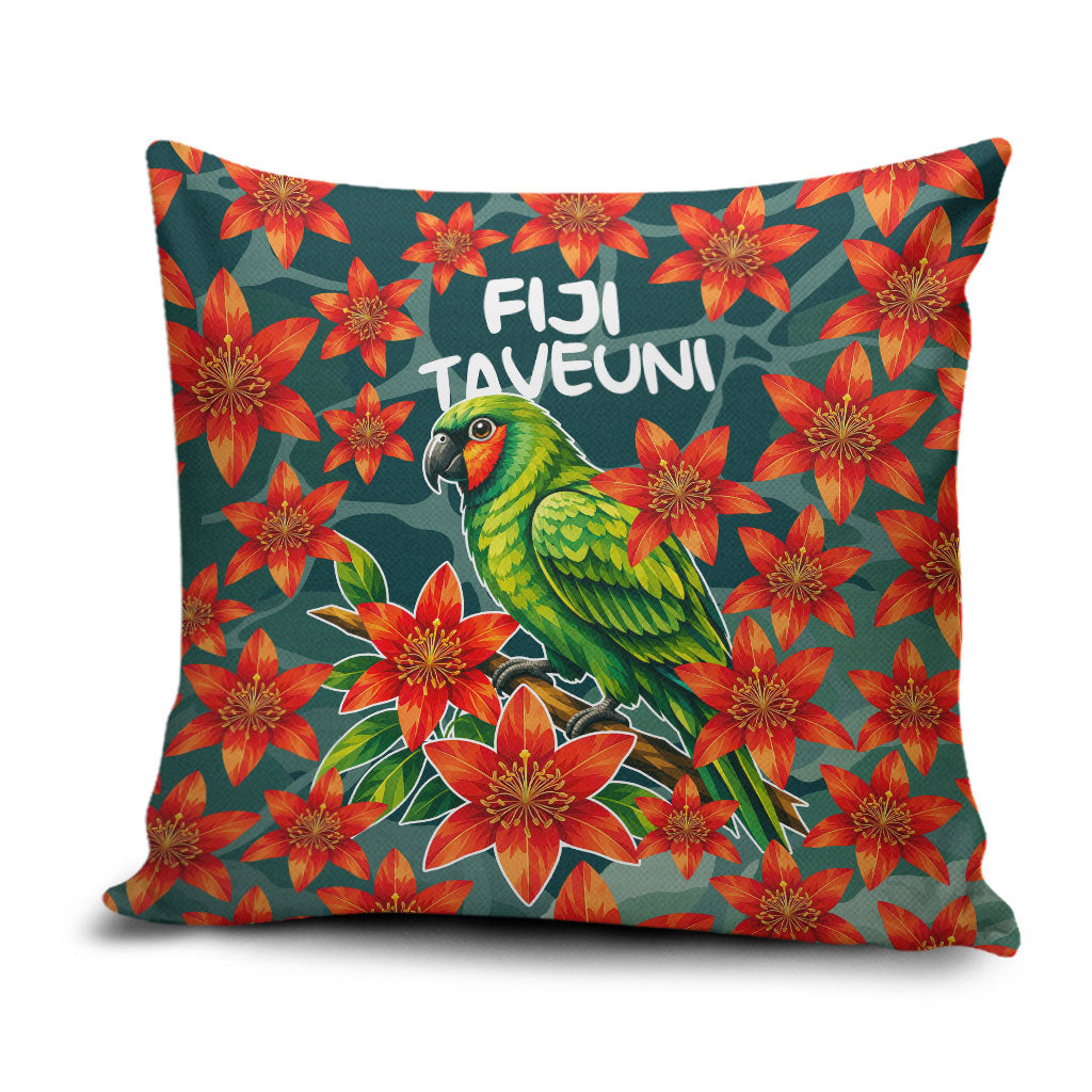 Fiji Taveuni Parrot Pillow Cover Tropical Waterfall Landscape With Floral Tribal Pattern