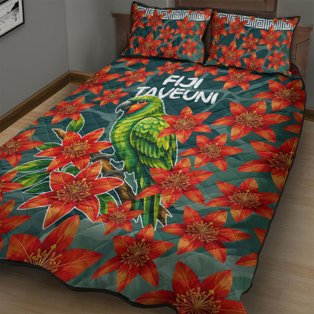 Fiji Taveuni Parrot Quilt Bed Set Tropical Waterfall Landscape With Floral Tribal Pattern TS04 - Polynesian Pride