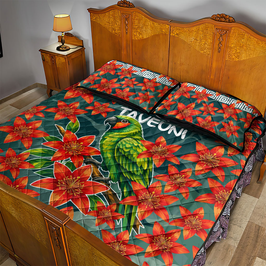 Fiji Taveuni Parrot Quilt Bed Set Tropical Waterfall Landscape With Floral Tribal Pattern TS04 - Polynesian Pride