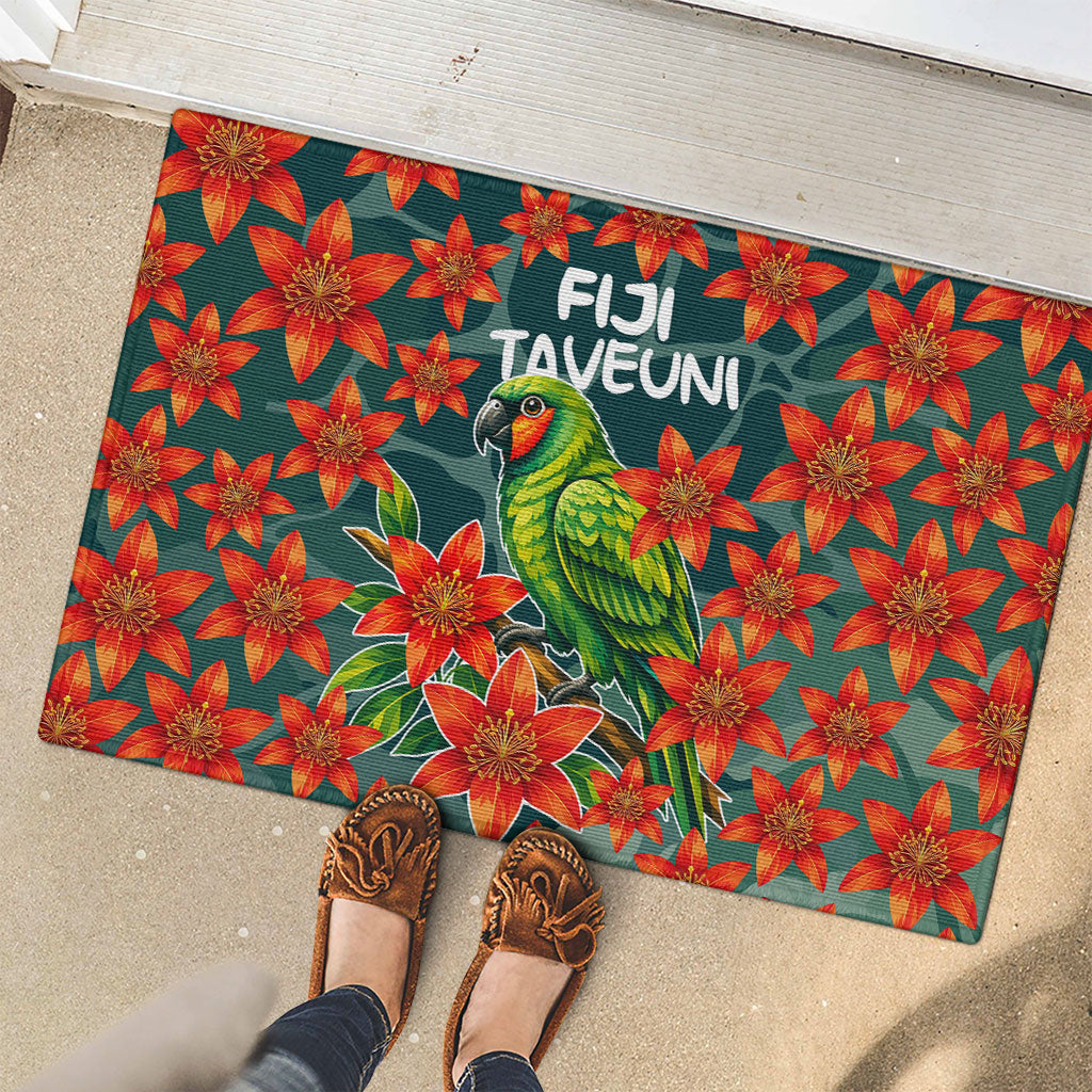 Fiji Taveuni Parrot Rubber Doormat Tropical Waterfall Landscape With Floral Tribal Pattern