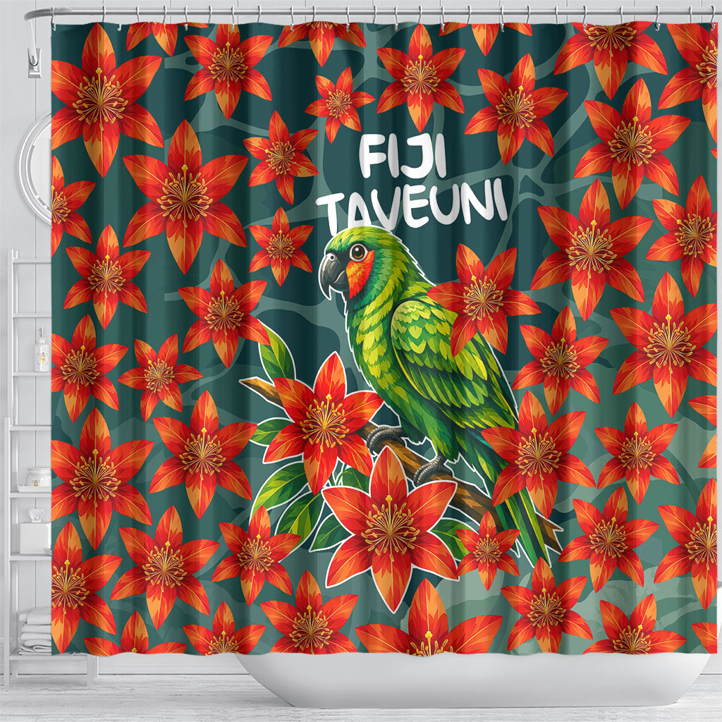 Fiji Taveuni Parrot Shower Curtain Tropical Waterfall Landscape With Floral Tribal Pattern