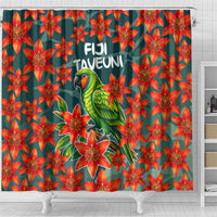 Fiji Taveuni Parrot Shower Curtain Tropical Waterfall Landscape With Floral Tribal Pattern