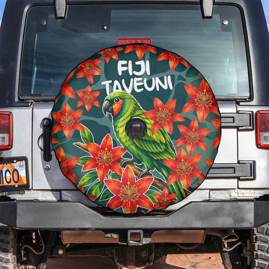 Fiji Taveuni Parrot Spare Tire Cover Tropical Waterfall Landscape With Floral Tribal Pattern
