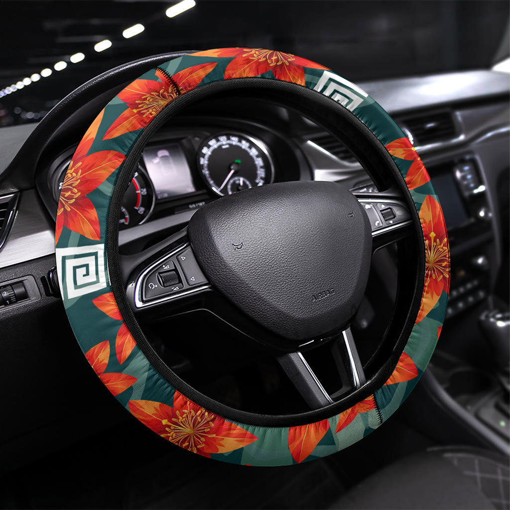 Fiji Taveuni Parrot Steering Wheel Cover Tropical Waterfall Landscape With Floral Tribal Pattern