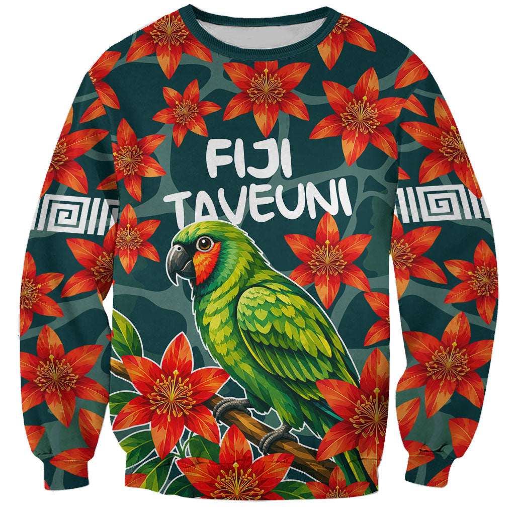 Fiji Taveuni Parrot Sweatshirt Tropical Waterfall Landscape With Floral Tribal Pattern