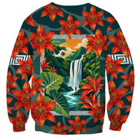 Fiji Taveuni Parrot Sweatshirt Tropical Waterfall Landscape With Floral Tribal Pattern