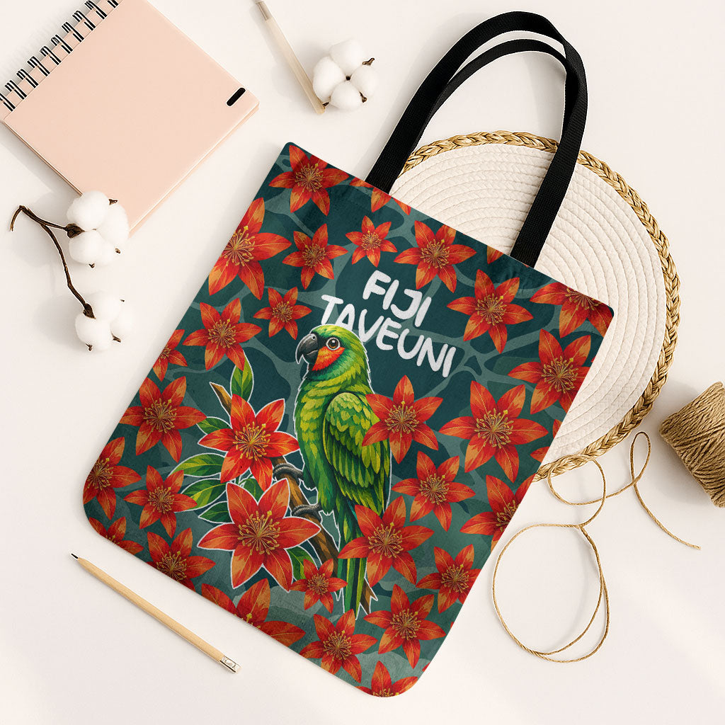 Fiji Taveuni Parrot Tote Bag Tropical Waterfall Landscape With Floral Tribal Pattern