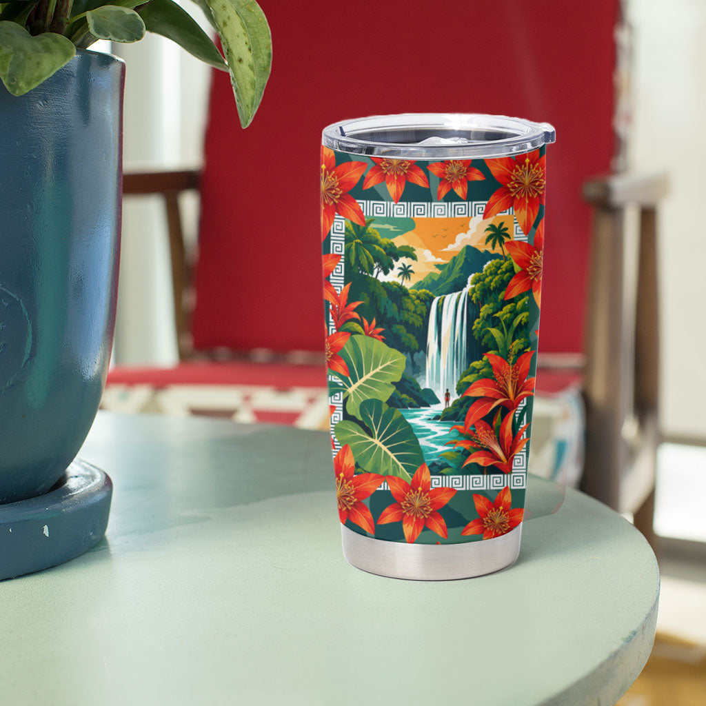 Fiji Taveuni Parrot Tumbler Cup Tropical Waterfall Landscape With Floral Tribal Pattern