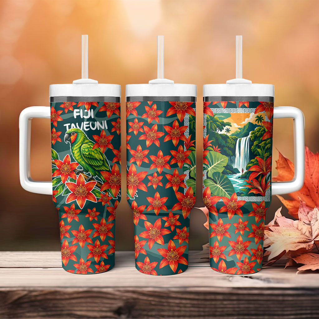Fiji Taveuni Parrot Tumbler With Handle Tropical Waterfall Landscape With Floral Tribal Pattern TS04 - Polynesian Pride