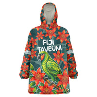 Fiji Taveuni Parrot Wearable Blanket Hoodie Tropical Waterfall Landscape With Floral Tribal Pattern TS04 One Size Green Orange - Polynesian Pride