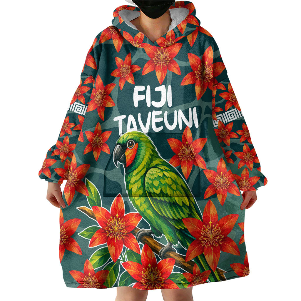 Fiji Taveuni Parrot Wearable Blanket Hoodie Tropical Waterfall Landscape With Floral Tribal Pattern TS04 - Polynesian Pride