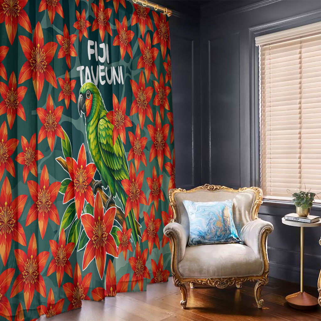 Fiji Taveuni Parrot Window Curtain Tropical Waterfall Landscape With Floral Tribal Pattern TS04 - Polynesian Pride