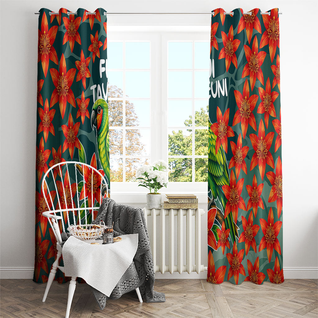 Fiji Taveuni Parrot Window Curtain Tropical Waterfall Landscape With Floral Tribal Pattern TS04 - Polynesian Pride