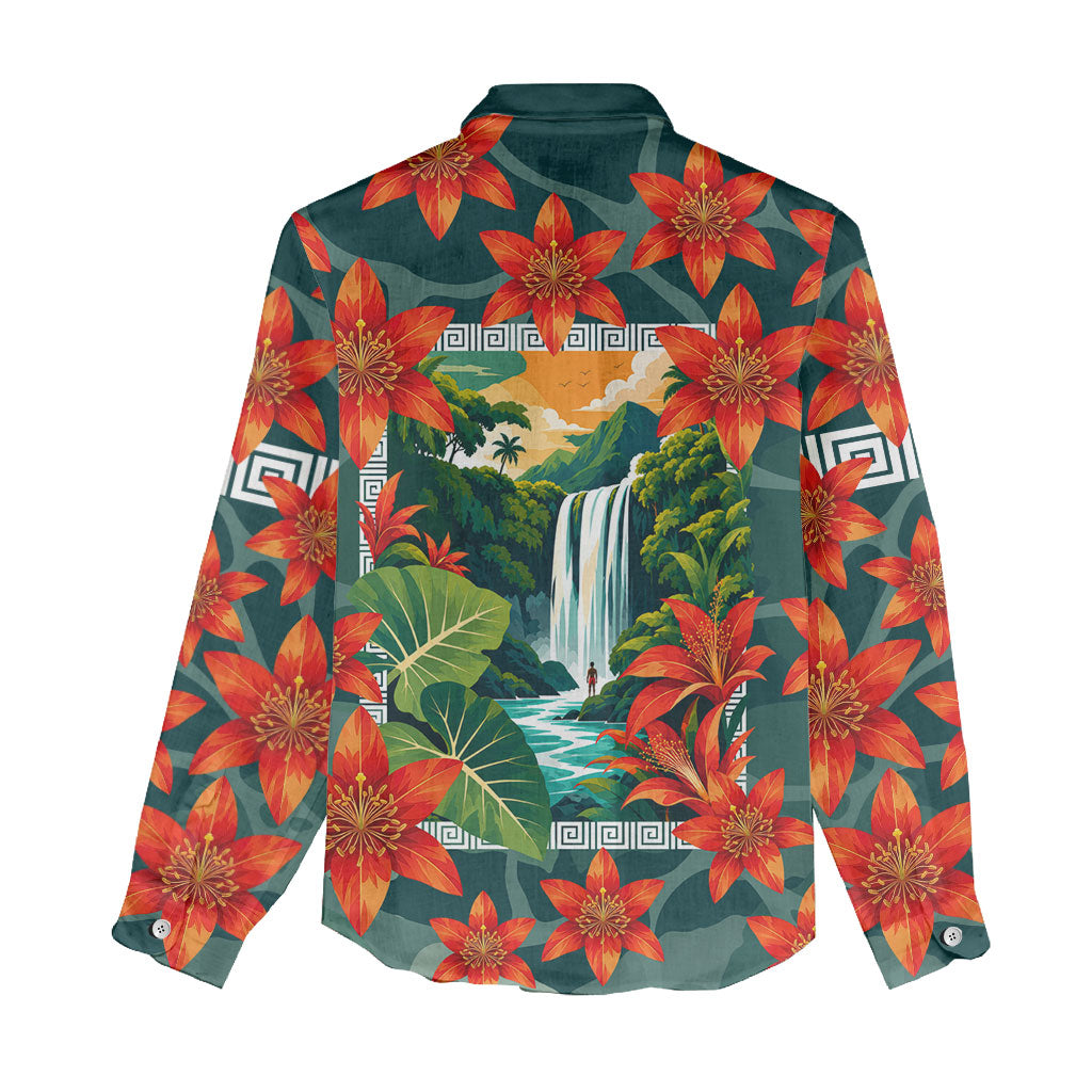 Fiji Taveuni Parrot Women Casual Shirt Tropical Waterfall Landscape With Floral Tribal Pattern