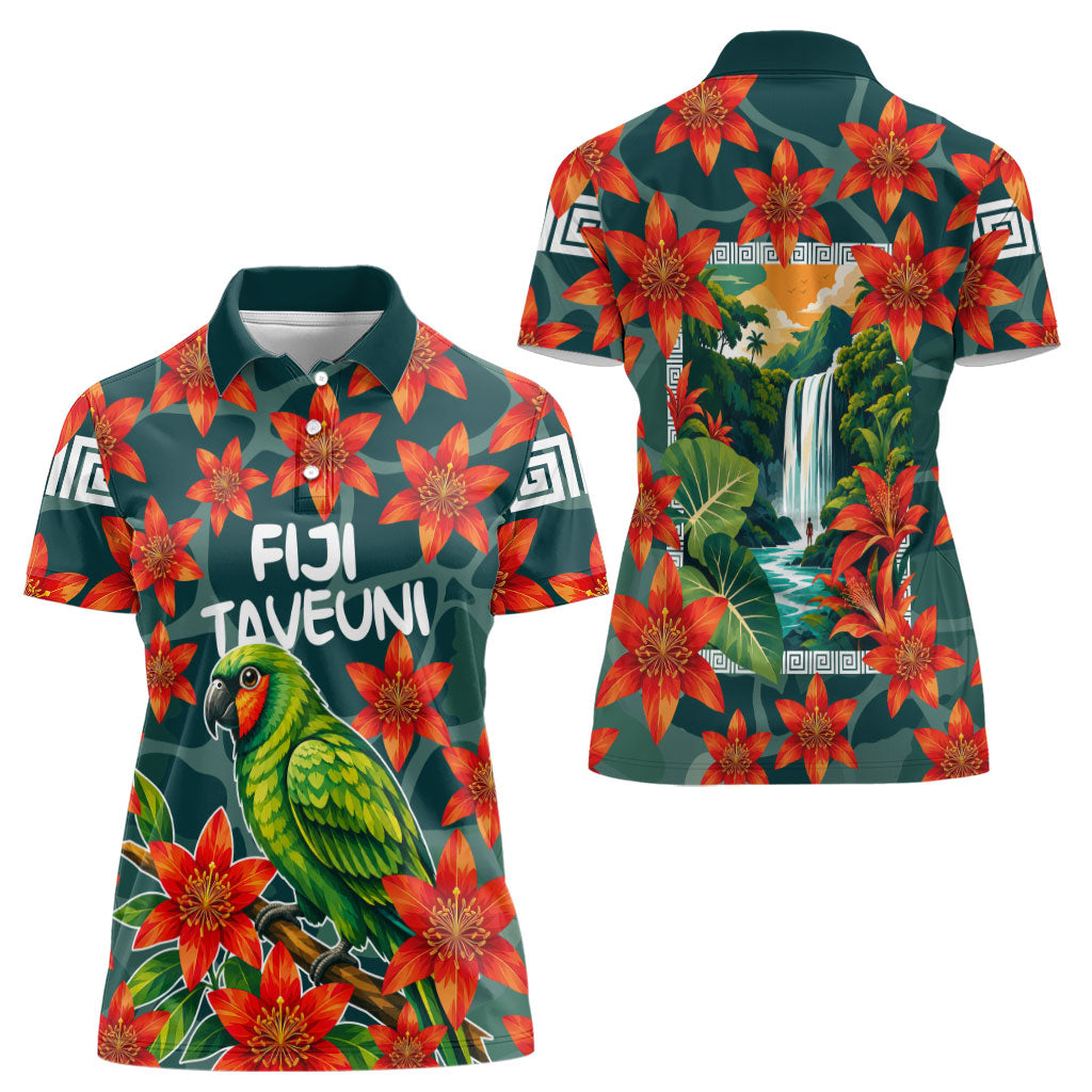 Fiji Taveuni Parrot Women Polo Shirt Tropical Waterfall Landscape With Floral Tribal Pattern TS04 - Polynesian Pride