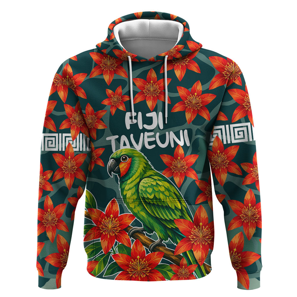 Fiji Taveuni Parrot Zip Hoodie Tropical Waterfall Landscape With Floral Tribal Pattern