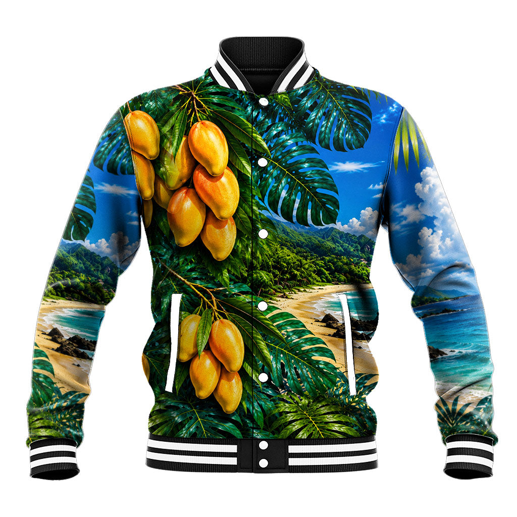 Hawaiian Mango Tropical Beach Baseball Jacket Scenic Island Nature Exotic Fruit Graphic TS04 Unisex Blue Green - Polynesian Pride