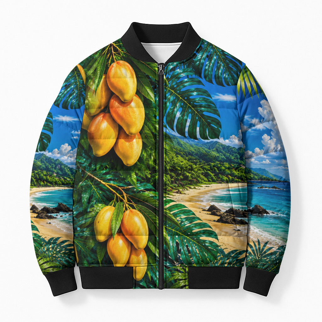 Hawaiian Mango Tropical Beach Bomber Puffer Jacket Scenic Island Nature Exotic Fruit Graphic TS04 Unisex Blue Green - Polynesian Pride