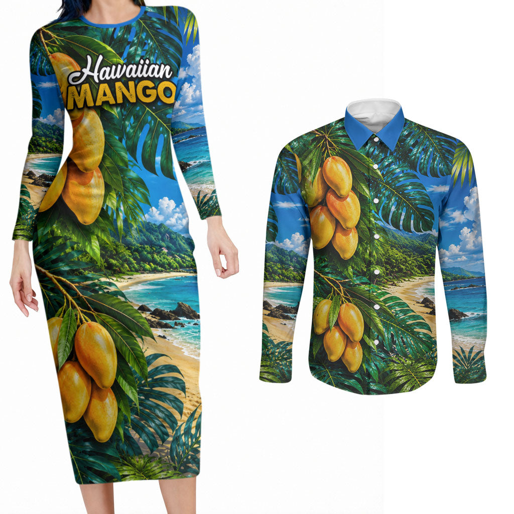 Hawaiian Mango Tropical Beach Couples Matching Long Sleeve Bodycon Dress and Long Sleeve Button Shirt Scenic Island Nature Exotic Fruit Graphic TS04 Blue Green - Polynesian Pride