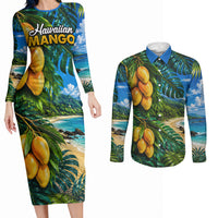 Hawaiian Mango Tropical Beach Couples Matching Long Sleeve Bodycon Dress and Long Sleeve Button Shirt Scenic Island Nature Exotic Fruit Graphic TS04 Blue Green - Polynesian Pride