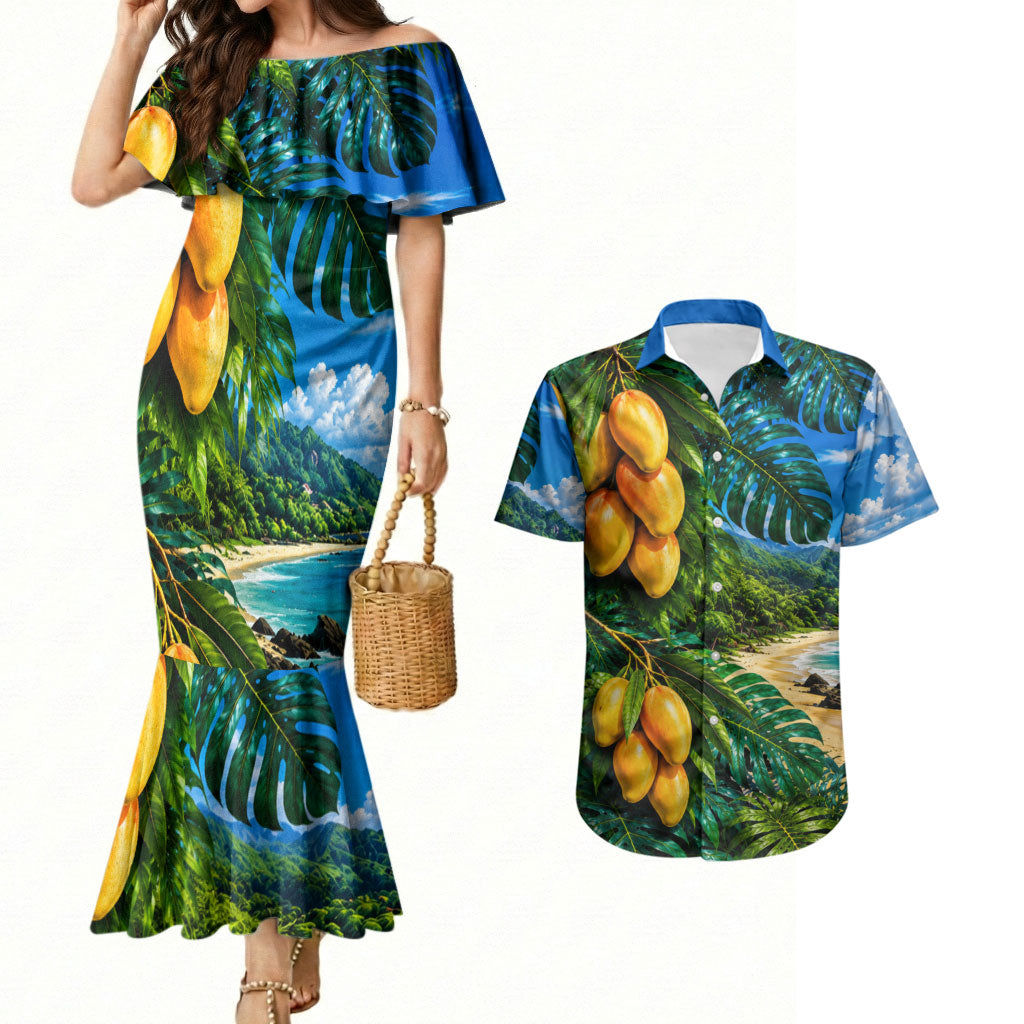 Hawaiian Mango Tropical Beach Couples Matching Mermaid Dress and Hawaiian Shirt Scenic Island Nature Exotic Fruit Graphic