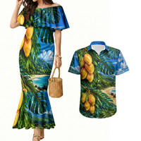 Hawaiian Mango Tropical Beach Couples Matching Mermaid Dress and Hawaiian Shirt Scenic Island Nature Exotic Fruit Graphic TS04 Blue Green - Polynesian Pride