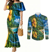 Hawaiian Mango Tropical Beach Couples Matching Mermaid Dress and Long Sleeve Button Shirt Scenic Island Nature Exotic Fruit Graphic TS04 Blue Green - Polynesian Pride