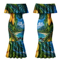 Hawaiian Mango Tropical Beach Couples Matching Mermaid Dress and Long Sleeve Button Shirt Scenic Island Nature Exotic Fruit Graphic TS04 - Polynesian Pride