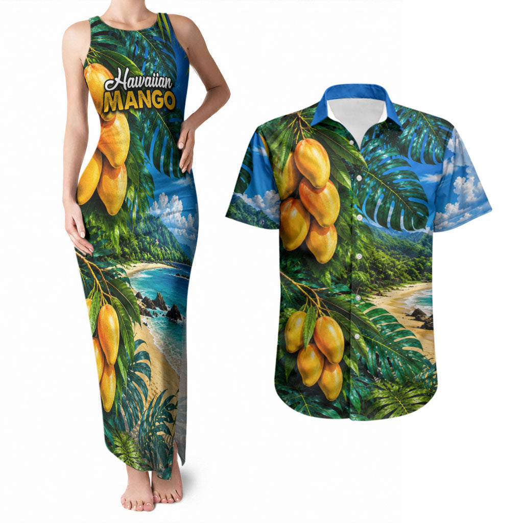 Hawaiian Mango Tropical Beach Couples Matching Tank Maxi Dress and Hawaiian Shirt Scenic Island Nature Exotic Fruit Graphic TS04 Blue Green - Polynesian Pride