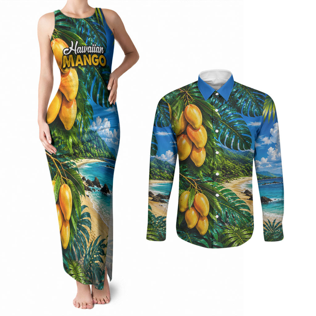 Hawaiian Mango Tropical Beach Couples Matching Tank Maxi Dress and Long Sleeve Button Shirt Scenic Island Nature Exotic Fruit Graphic