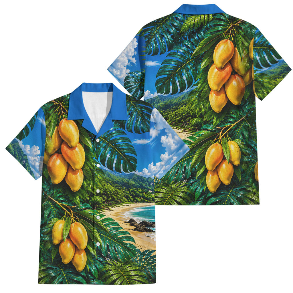 Hawaiian Mango Tropical Beach Family Matching Off Shoulder Maxi Dress and Hawaiian Shirt Scenic Island Nature Exotic Fruit Graphic TS04 Dad's Shirt - Short Sleeve Blue Green - Polynesian Pride
