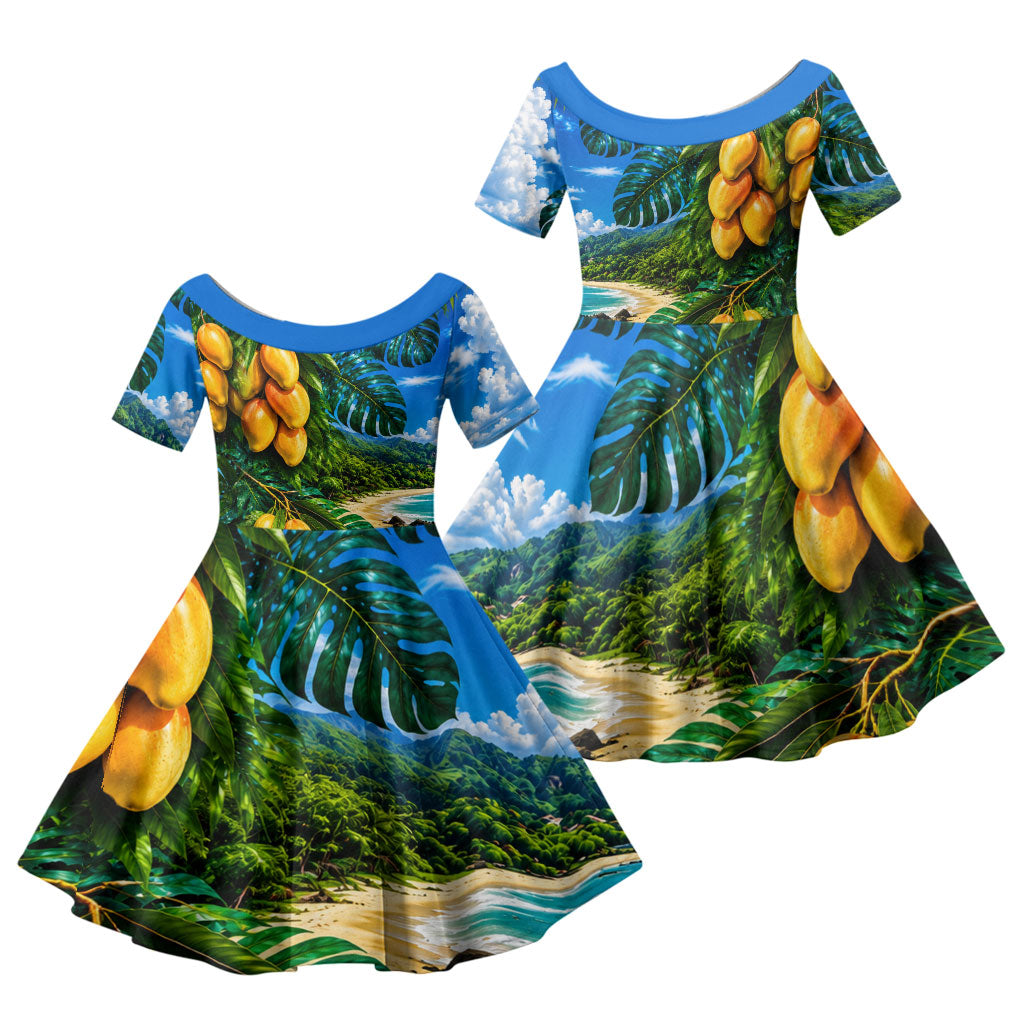 Hawaiian Mango Tropical Beach Family Matching Off Shoulder Maxi Dress and Hawaiian Shirt Scenic Island Nature Exotic Fruit Graphic TS04 Daughter's Dress Blue Green - Polynesian Pride