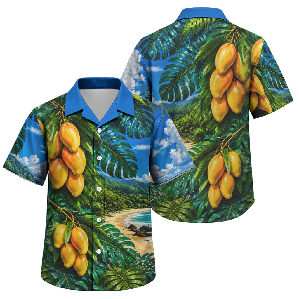 Hawaiian Mango Tropical Beach Family Matching Off Shoulder Maxi Dress and Hawaiian Shirt Scenic Island Nature Exotic Fruit Graphic TS04 Son's Shirt Blue Green - Polynesian Pride