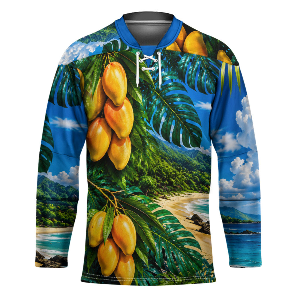 Hawaiian Mango Tropical Beach Hockey Jersey Scenic Island Nature Exotic Fruit Graphic TS04 Unisex Blue Green - Polynesian Pride