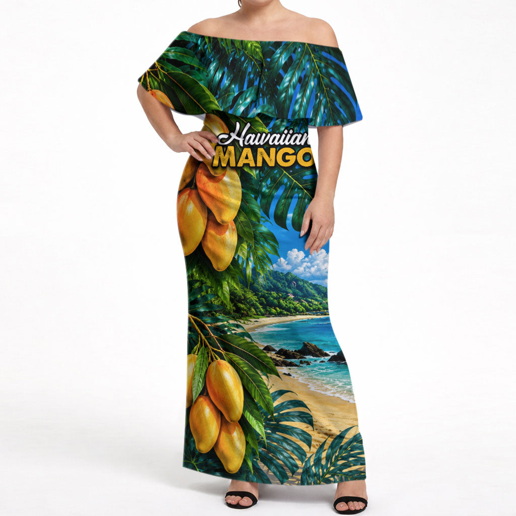 Hawaiian Mango Tropical Beach Off Shoulder Maxi Dress Scenic Island Nature Exotic Fruit Graphic TS04 Women Blue Green - Polynesian Pride