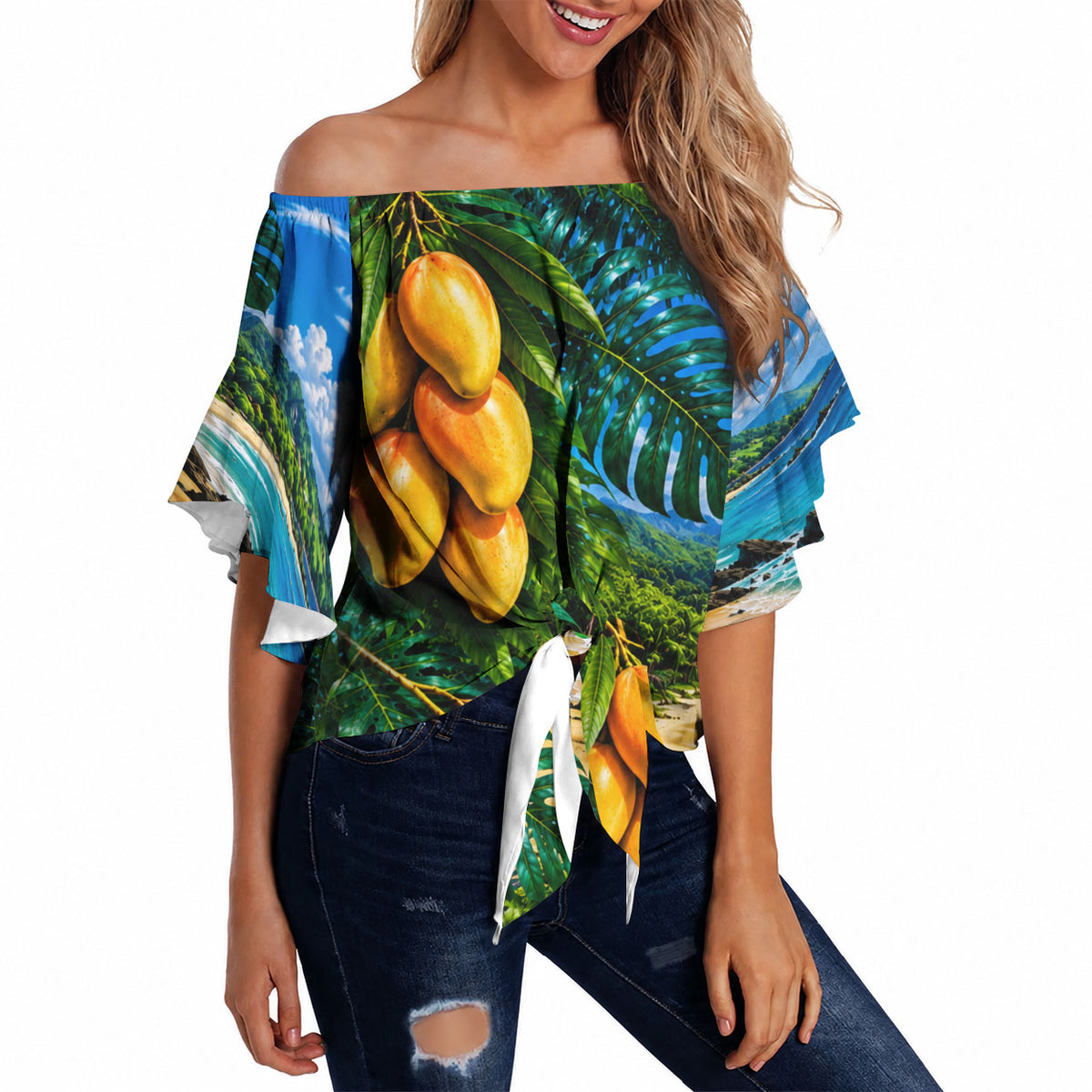 Hawaiian Mango Tropical Beach Off Shoulder Wrap Waist Top Scenic Island Nature Exotic Fruit Graphic TS04 Blue Green - Polynesian Pride
