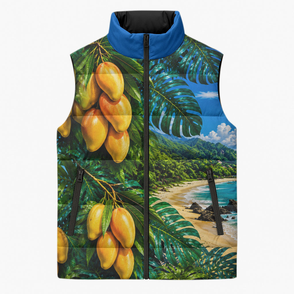 Hawaiian Mango Tropical Beach Sleeveless Puffer Jacket Scenic Island Nature Exotic Fruit Graphic TS04 Unisex Blue Green - Polynesian Pride