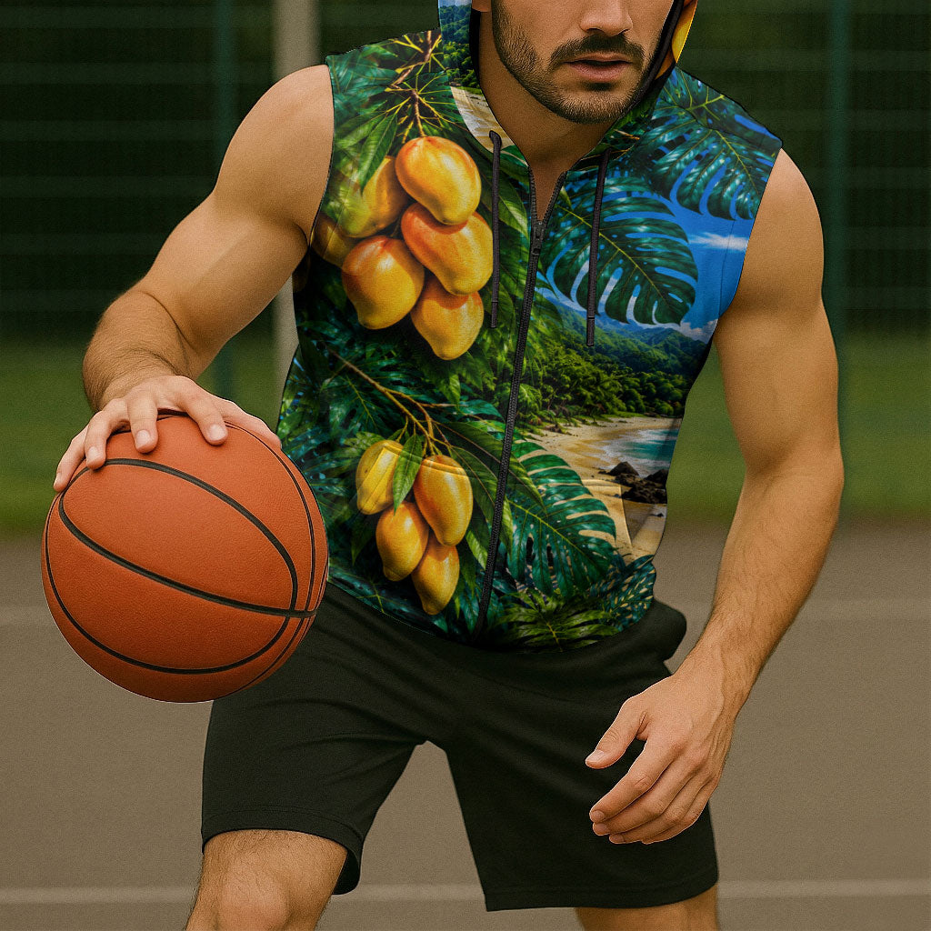 Hawaiian Mango Tropical Beach Sleeveless Zip Hoodie Scenic Island Nature Exotic Fruit Graphic TS04 - Polynesian Pride