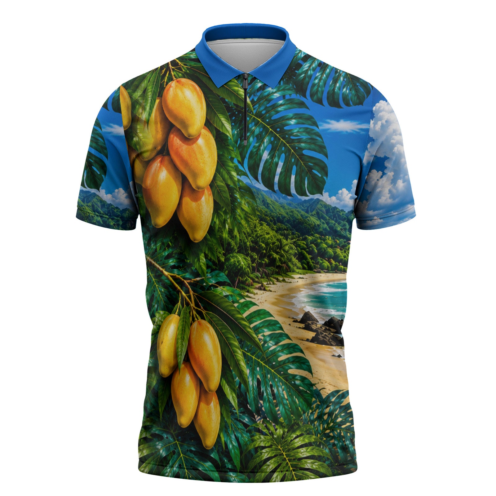 Hawaiian Mango Tropical Beach Zipper Polo Shirt Scenic Island Nature Exotic Fruit Graphic