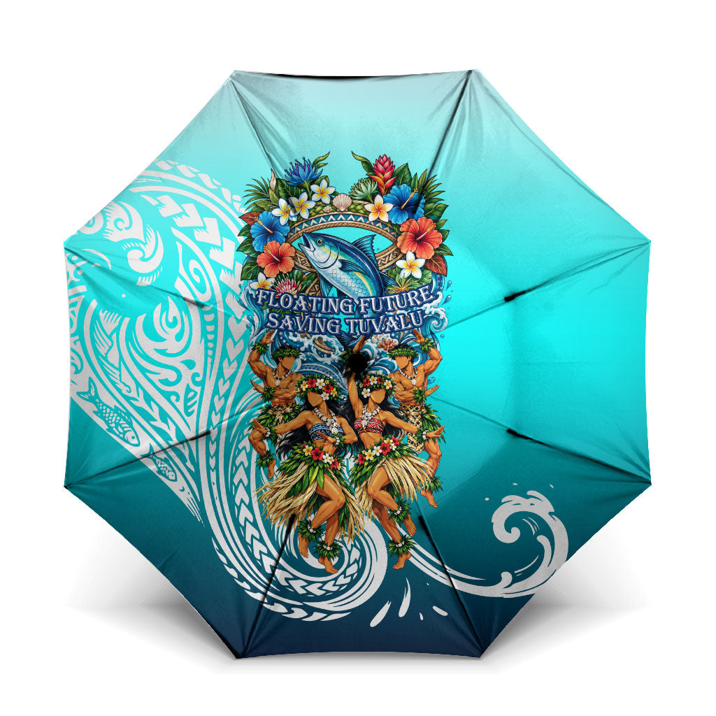 Floating Future Saving Tuvalu Umbrella Ocean Blue Pacific Polynesian Cultural Art Marine Wildlife TS04 One Size Folded 11.42 inch Opened Diameter 37.4 inch Blue White - Polynesian Pride