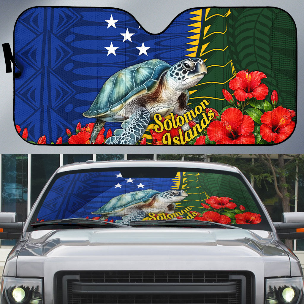 Solomon Islands Sea Turtle Auto Sun Shade Patriotic Flag Coat Of Arms Tribal Hibiscus TS04 Blue Green - Polynesian Pride