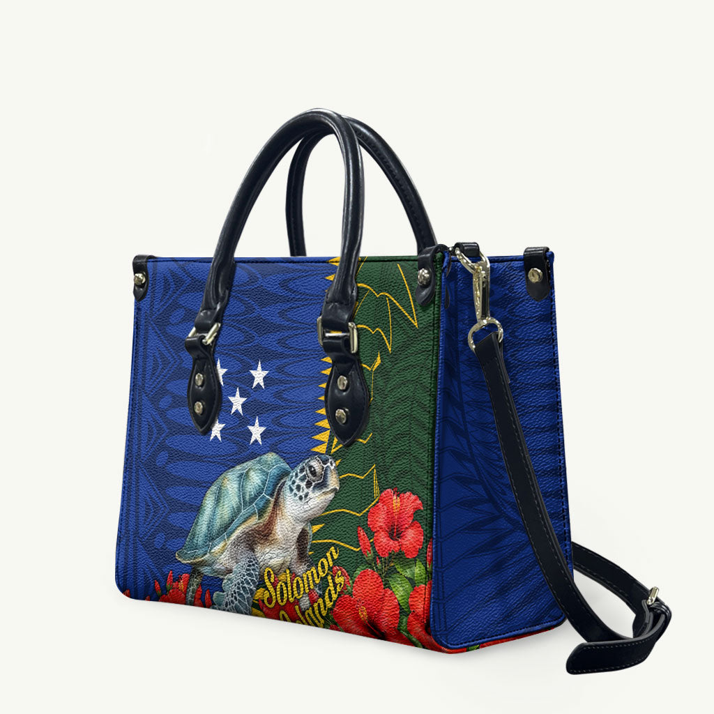 Solomon Islands Sea Turtle Leather Bag Patriotic Flag Coat Of Arms Tribal Hibiscus TS04 Blue Green - Polynesian Pride