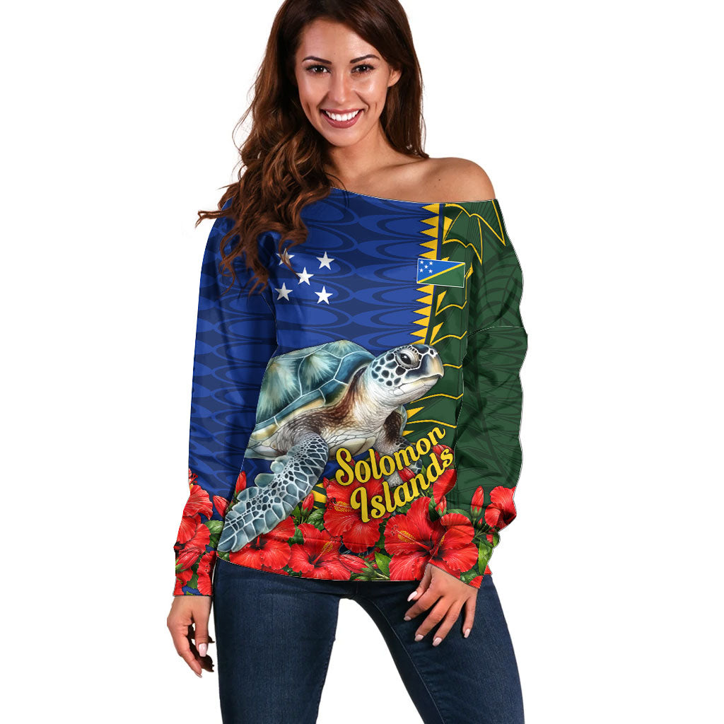 Solomon Islands Sea Turtle Off Shoulder Sweater Patriotic Flag Coat Of Arms Tribal Hibiscus TS04 Women Blue Green - Polynesian Pride